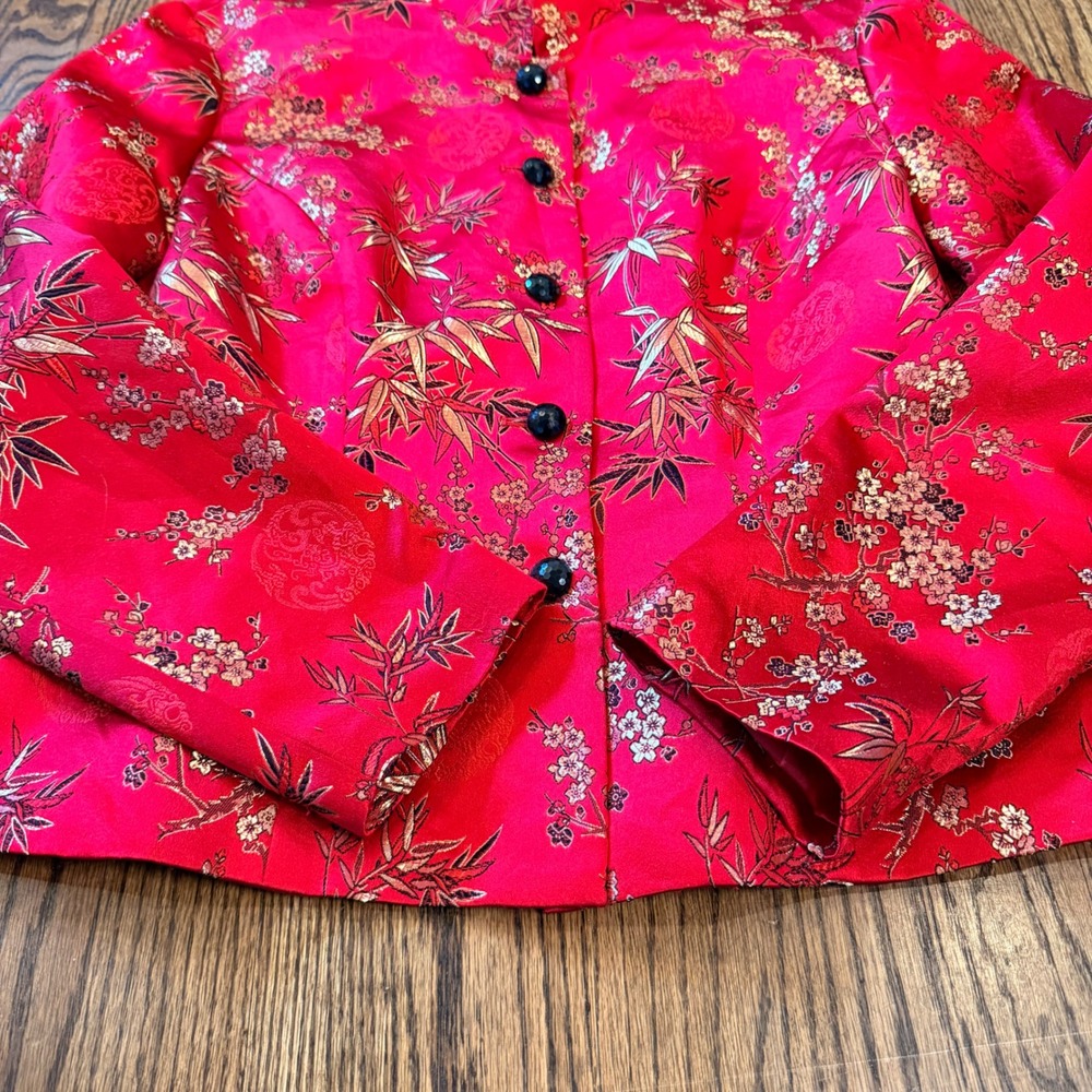 MSK Silk Blend Asian Inspired Floral Bamboo Jacquard Mandarin‎ Jacket 8 Red - Picture 2 of 9